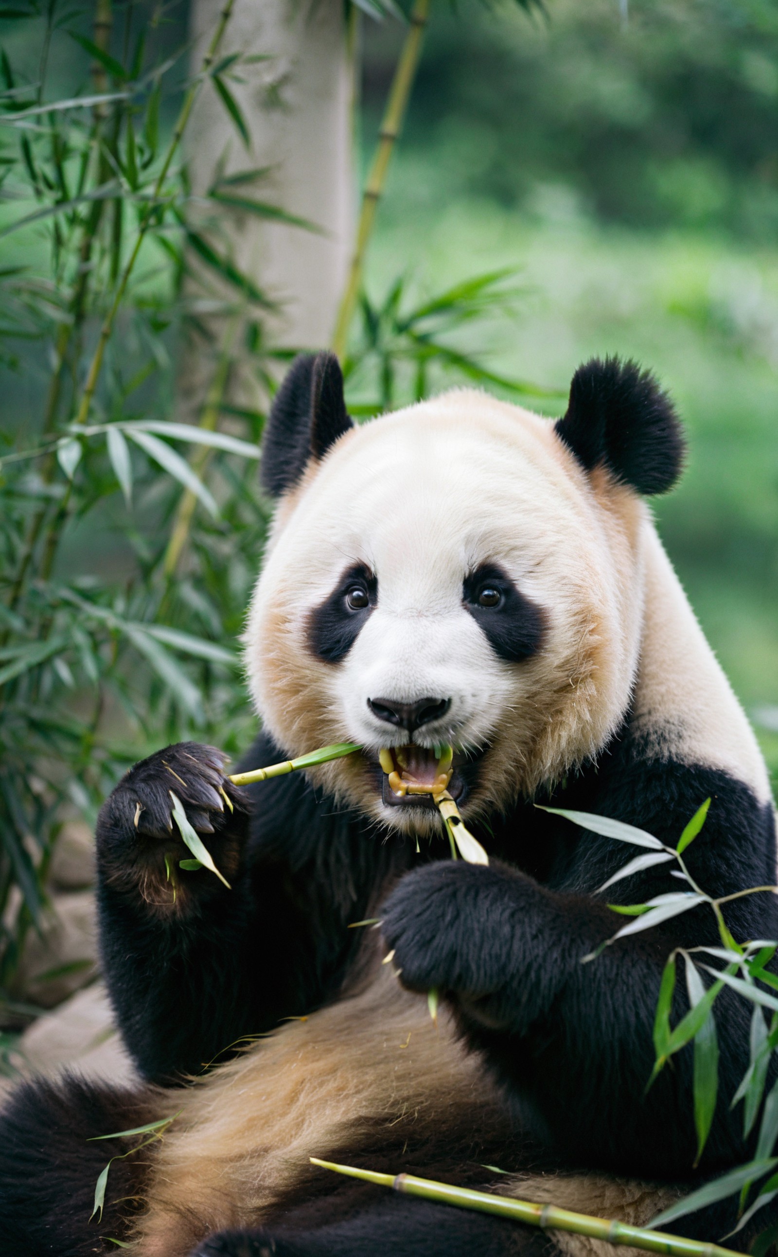 film photography aesthetic,A vibrant, close-up photograph of an adult Giant Panda, front and center amidst a backdrop of l...